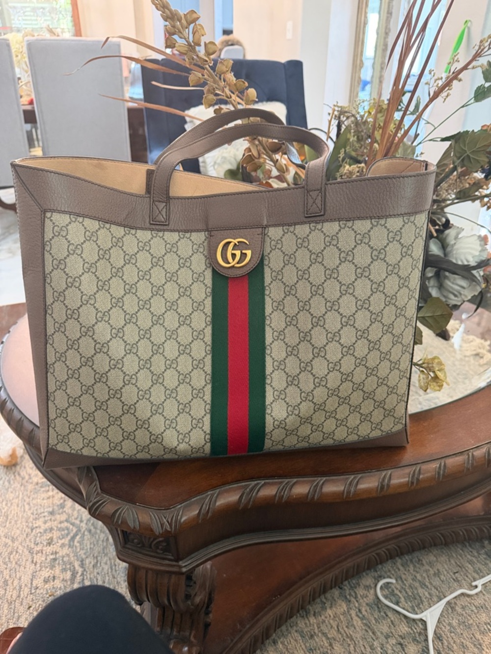 Gucci Beige GG Supreme Tote with Brown Trim and Green-Red Web Center Stripe
